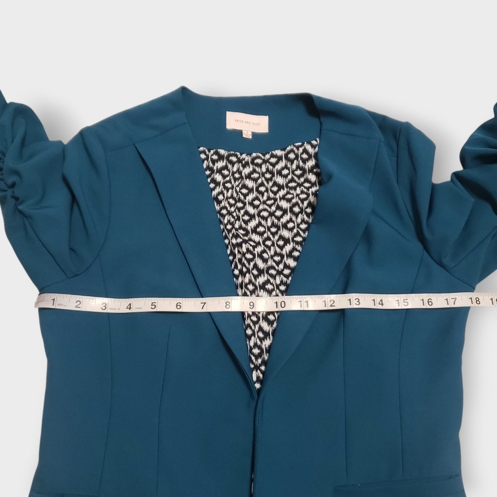 Skies Are Blue Raja Collarless Blazer Teal Ruched Sleeve Size Small Open Front - Picture 7 of 10